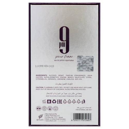 Afnan 9 PM Pour Femme , 3.4 oz EDP Spray